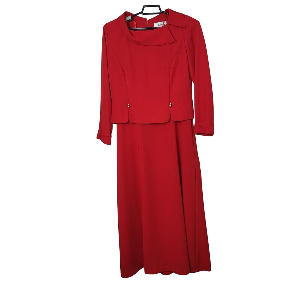 J. Taylor Women 8 Red Long Dress Jacket Overlay Formal Church Evening Outfit